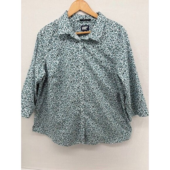 Land's End Women's Blouse Plus Size 18W No Iron Blue Floral 3/4 Sleeve - Picture 1 of 8